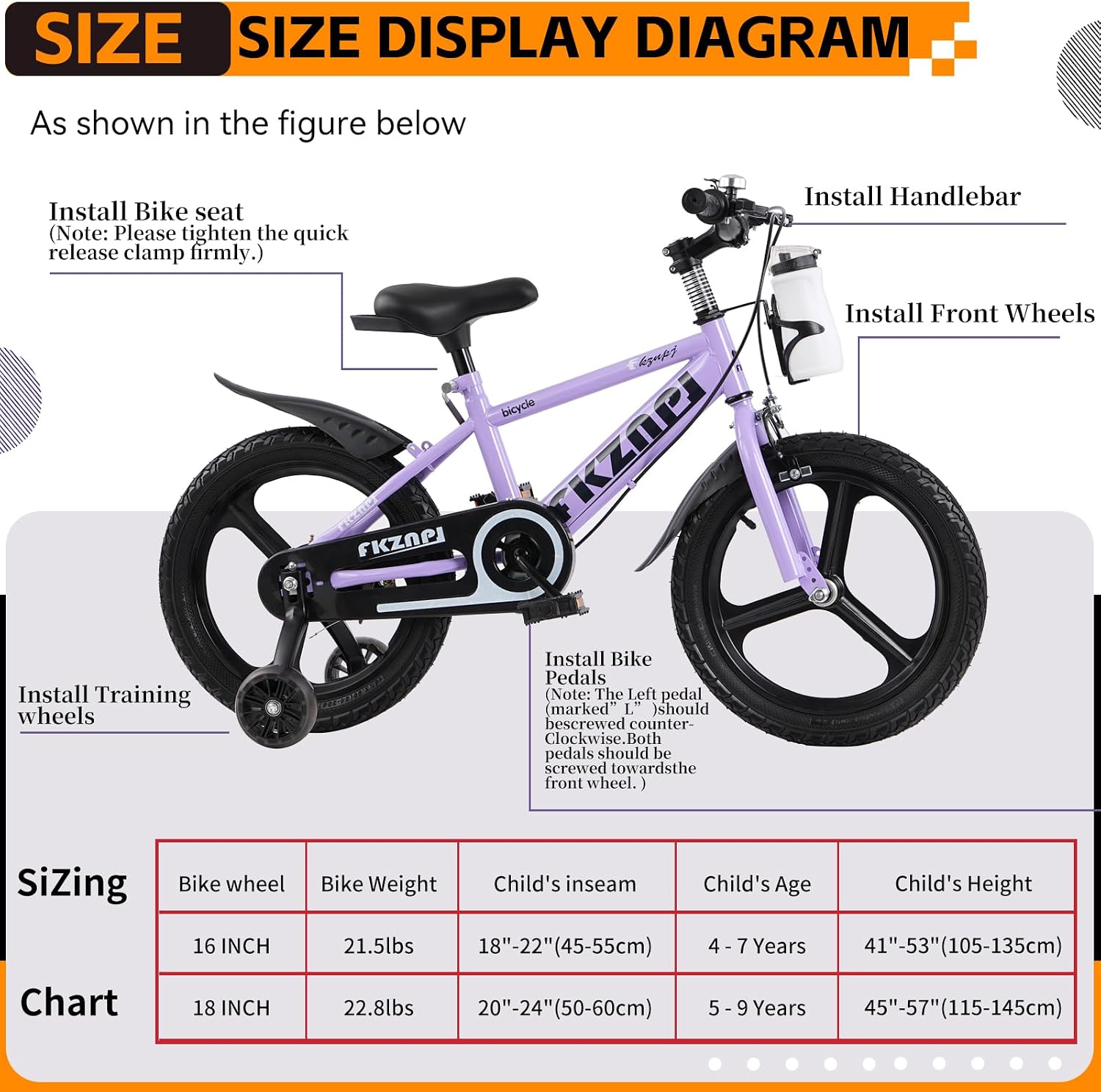 Kids Bike with Training Wheels, 16 18 Inch Children Bicycle for Girls Boys, High Carbon Steel Frame & Water Bottle
