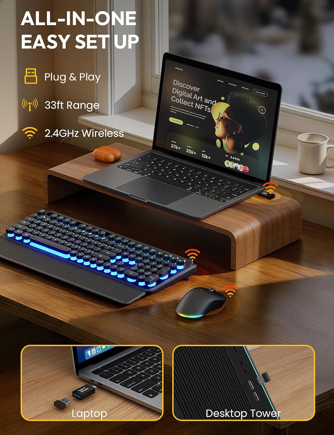 Wireless Keyboard and Mouse, Backlit Typewriter with Magnetic Wrist Rest | Phone Holder, Light Up Round Keycaps