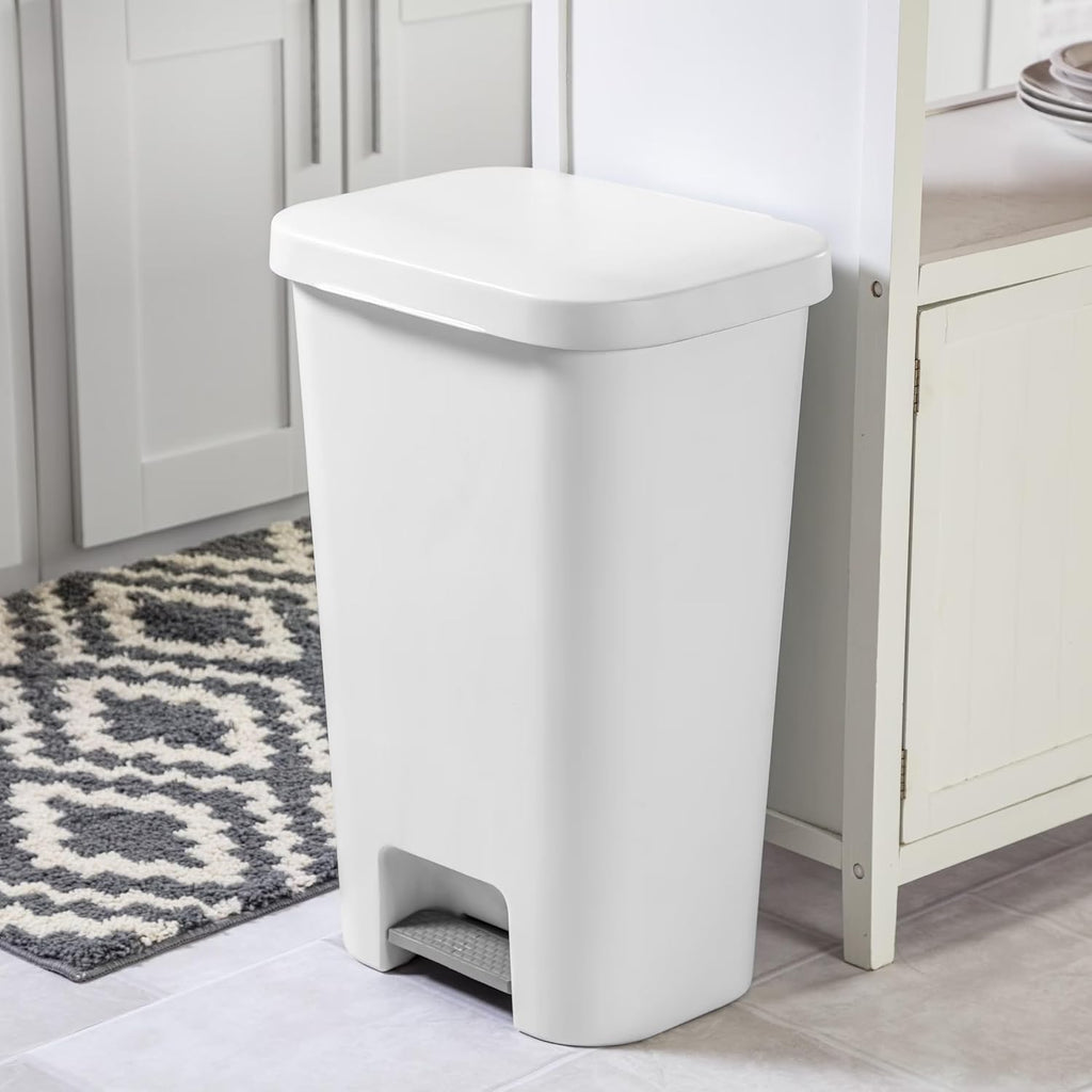 Large Kitchen Trash Can, 11.9 Gallon Plastic Garbage Bin with Step Lid, White, Hands-Free Foot Pedal, Fits Standard