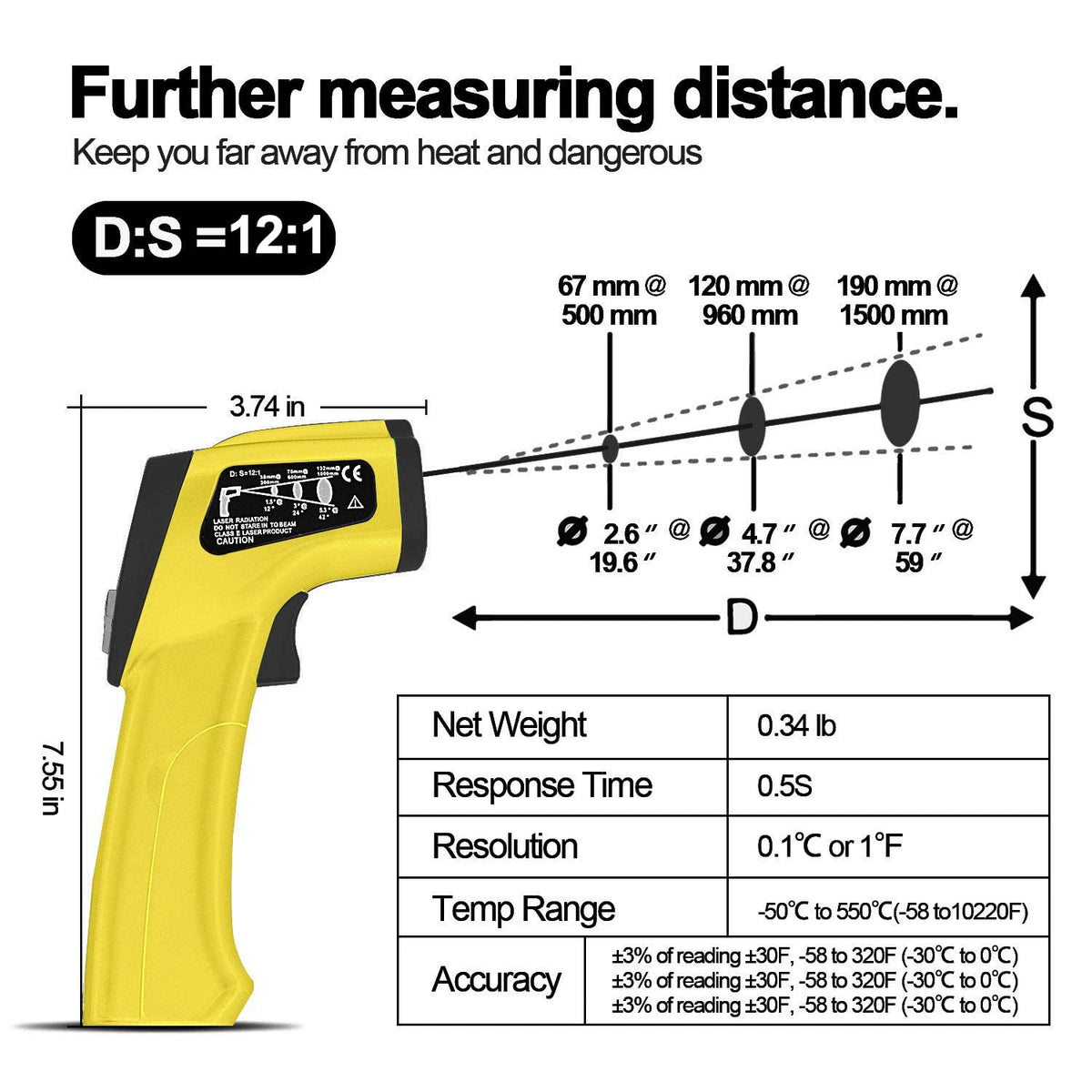 BTMETER Infrared Thermometer Laser Temperature Gun 980D