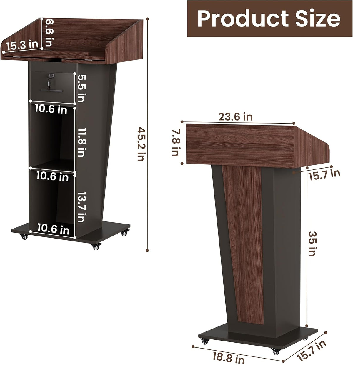 Podium Stand with Adjustable-Angle Tabletop, Wheels & Lockable Drawer