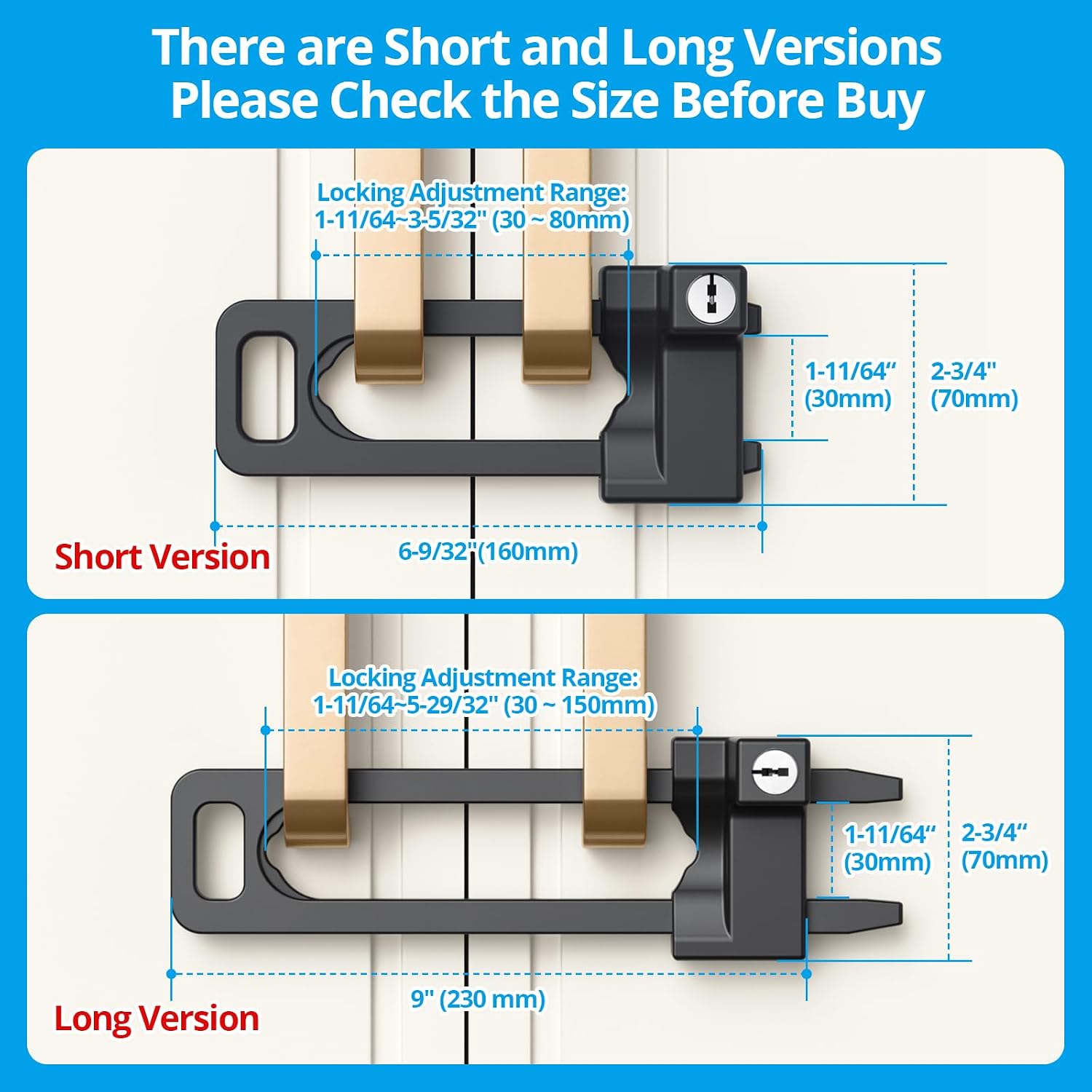 Cabinet Lock, 2 Metal Locks 4 Keys, Keyed Alike, Adjustable, Short Ver | Adjustable Childproof Cabinet Latch to