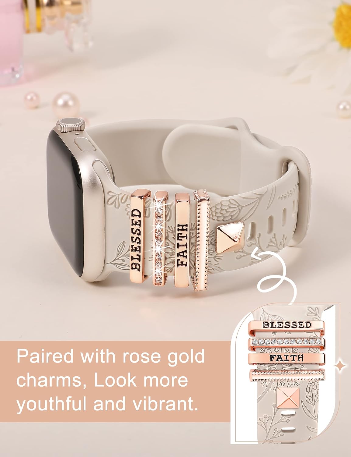 Compatible with Apple Watch Band with Charms 38/40/41/42mm Women, Decorative Ring Loop Floral Engraved Silicone Strap