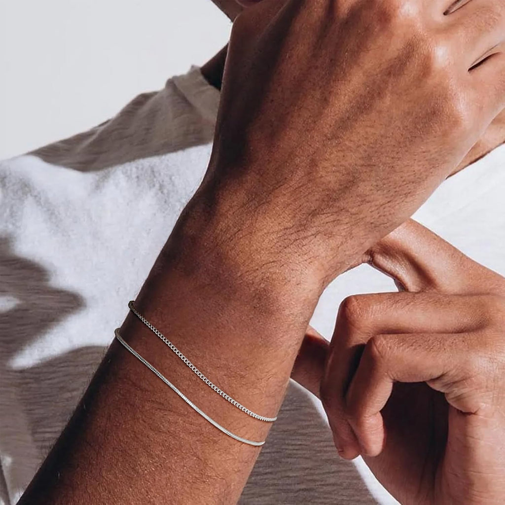 Silver Bracelets for Men, Stackable Fashion Cuban Snake Chain Set | Stainless Steel Jewelry, Tarnish Resistant
