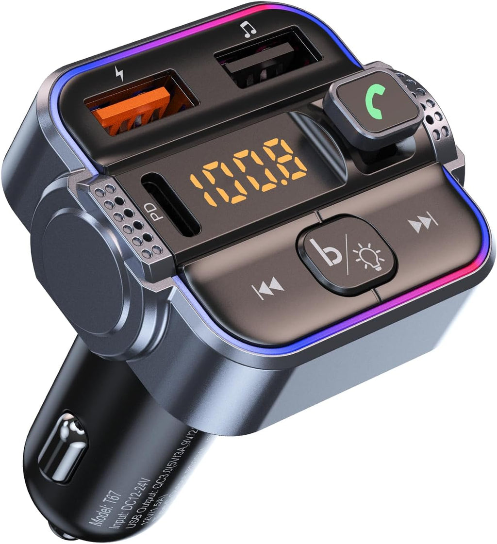 Bluetooth FM Transmitter for Car PD 30W & QC3.0 Fast Charging | Dual Mics Hands-Free Calling, Bluetooth Car Radio