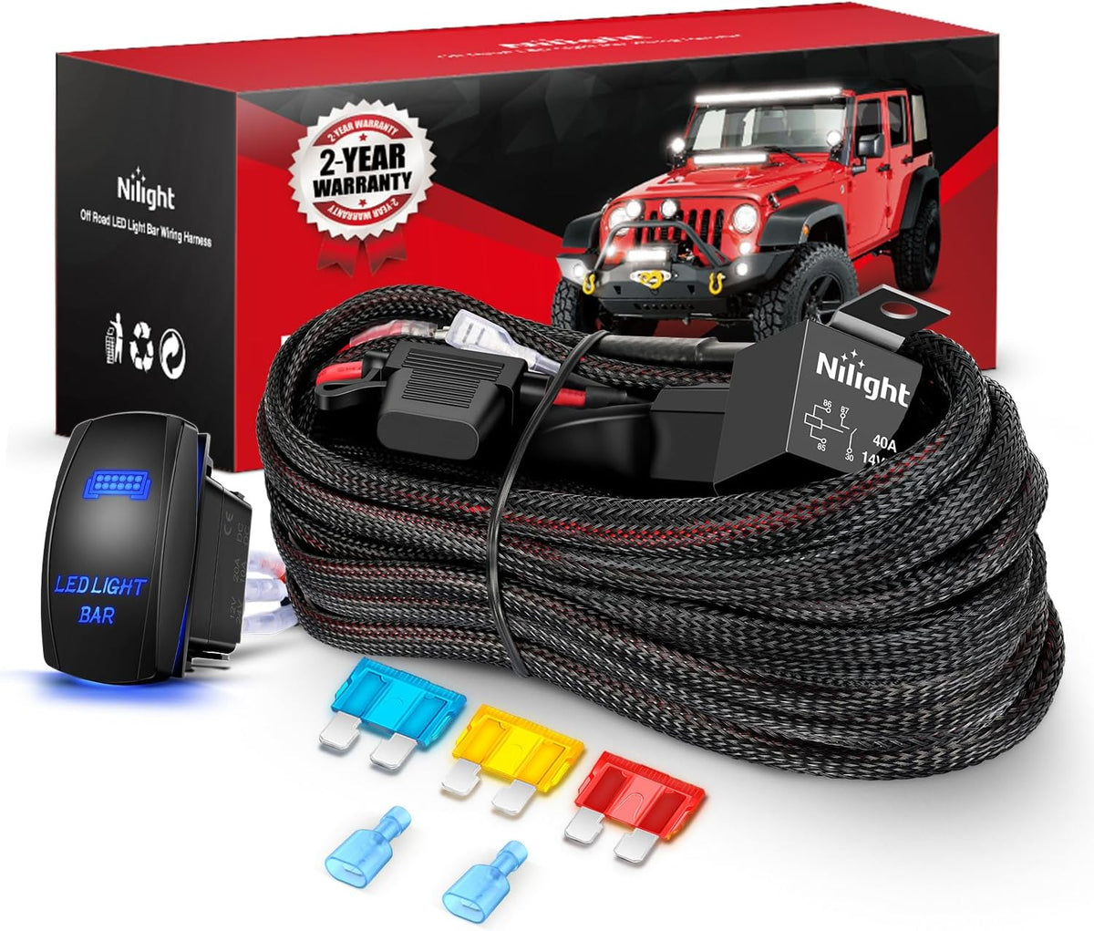 Nilight Off Road LED Light Bar Wiring Harness Kit 12 V 5 Pin Rocker Switch