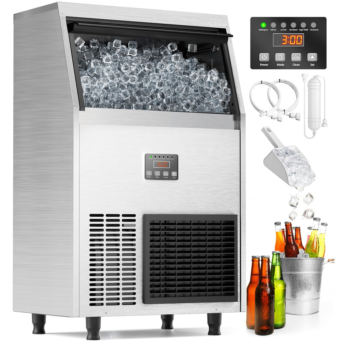 Commercial Ice Maker Machine 200 Lbs/24H with 50 Lbs Storage Bin, Stainless Steel Under Counter Ice Machine, Self