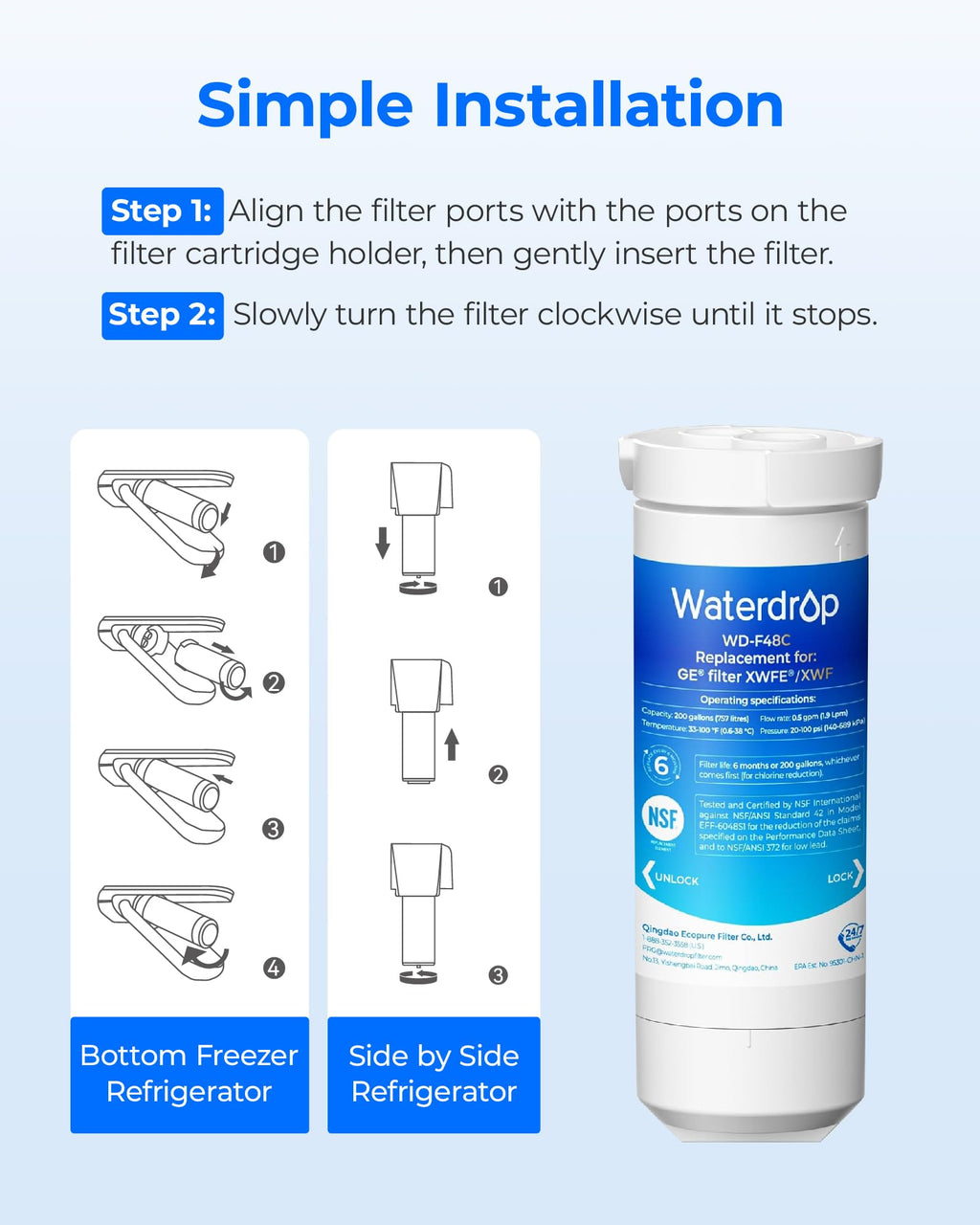 Water Filter Replacement for GE XWFE, Built-in Chip, 2 Pack