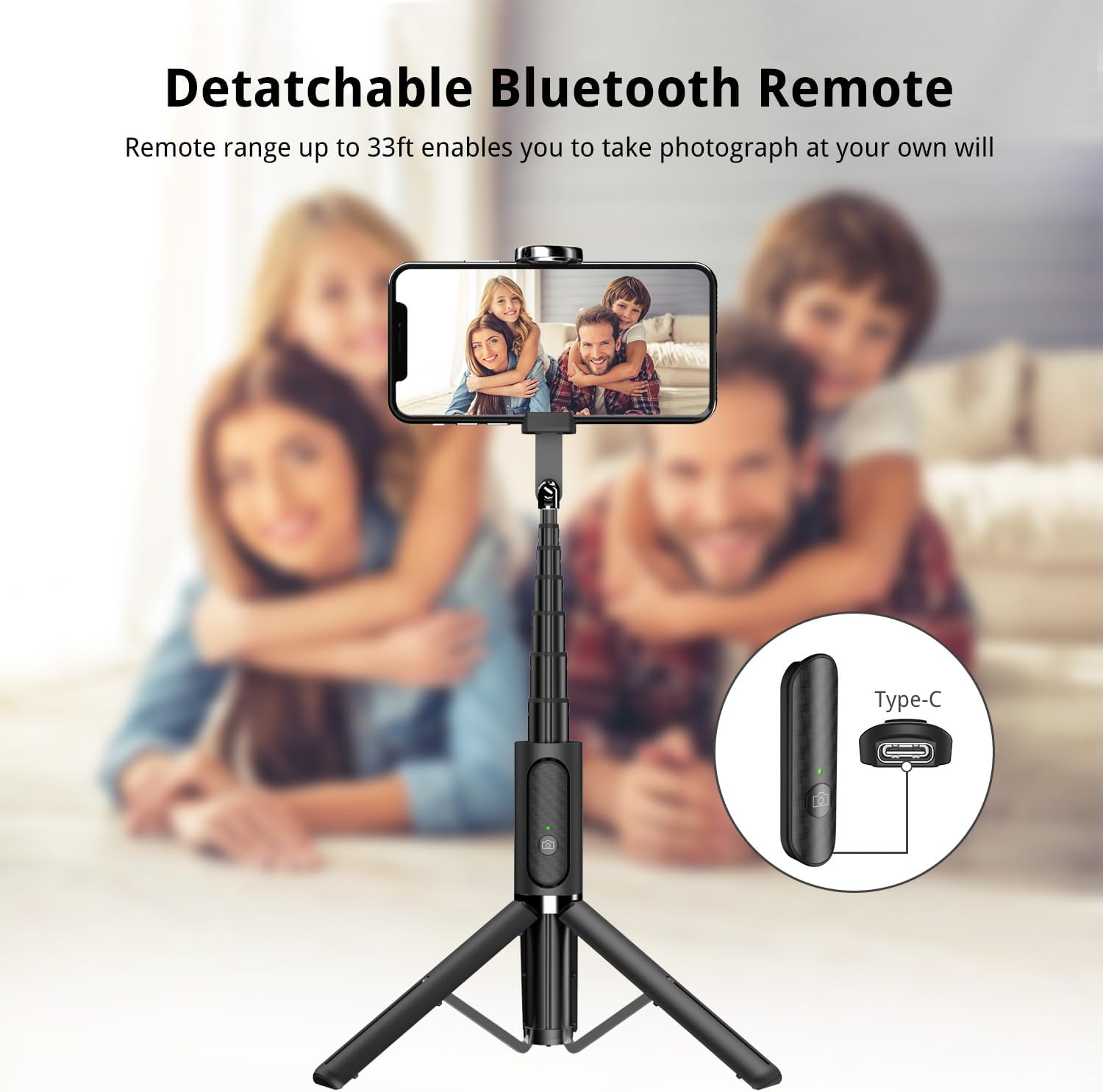 Selfie Stick Tripod, 3-in-1 Extendable Aluminum Phone Tripod with Detachable Bluetooth Remote, Compatible with iPhone