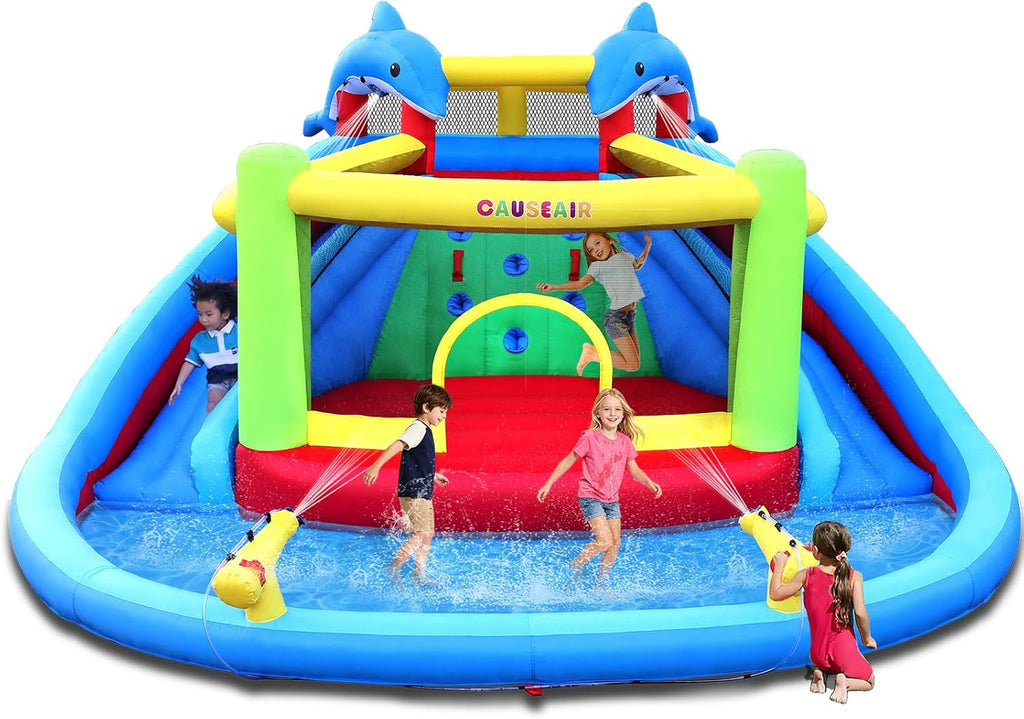 Inflatable Water Slide with Bounce House,Dolphin Styling,Splashing Pool,Double Water Cannon,Climbing Wall,Heavy Duty