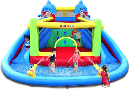 Inflatable Water Slide with Bounce House,Dolphin Styling,Splashing Pool,Double Water Cannon,Climbing Wall,Heavy Duty