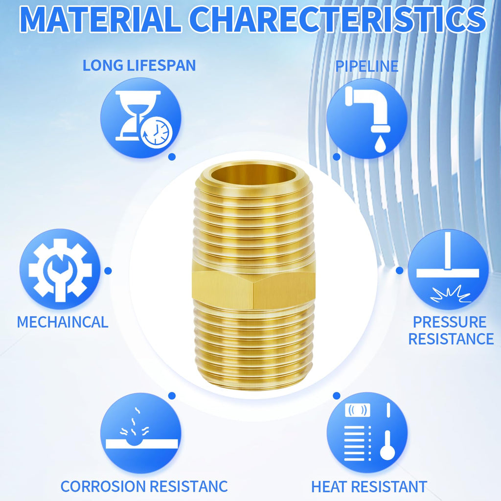 ChillWaves Brass Pipe Fitting，Hex Nipple 3/4" NPT Male x 3/4" NPT Male Thread Adapter(3-PACK)