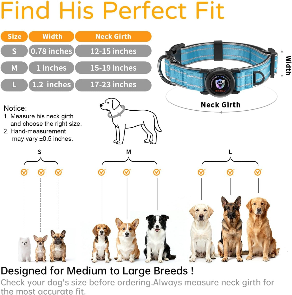 Dog Collar with AirTag Holder IP68 Waterproof Reflective Dog Collar, Blue M