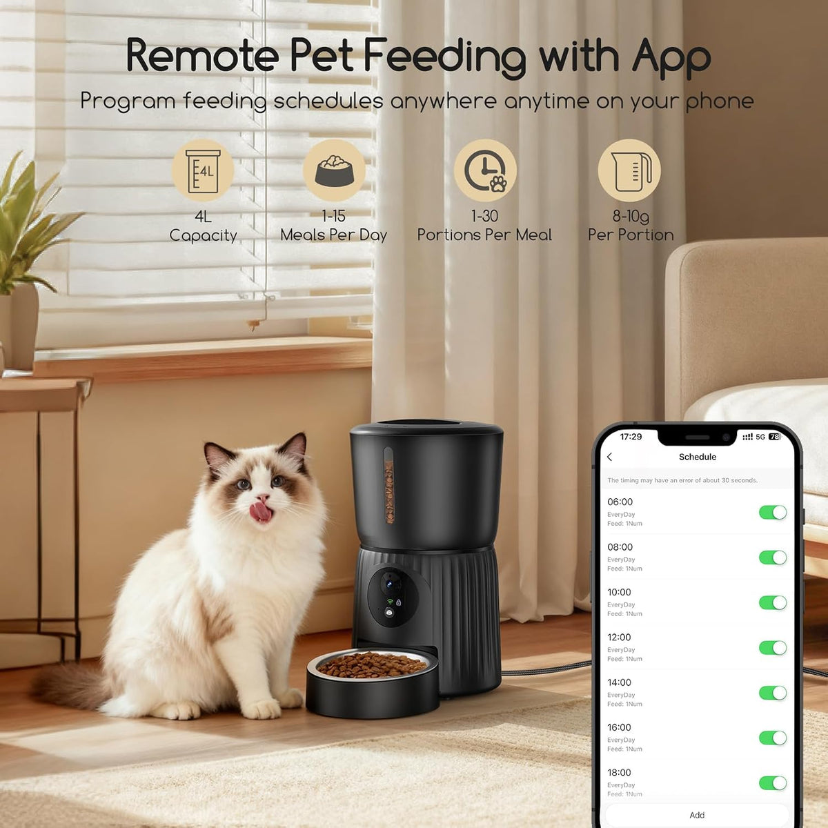 Automatic Cat Feeder with Camera, 1080P HD Video with Night Vision, 5G WiFi Automatic Dog Feeder with APP Control