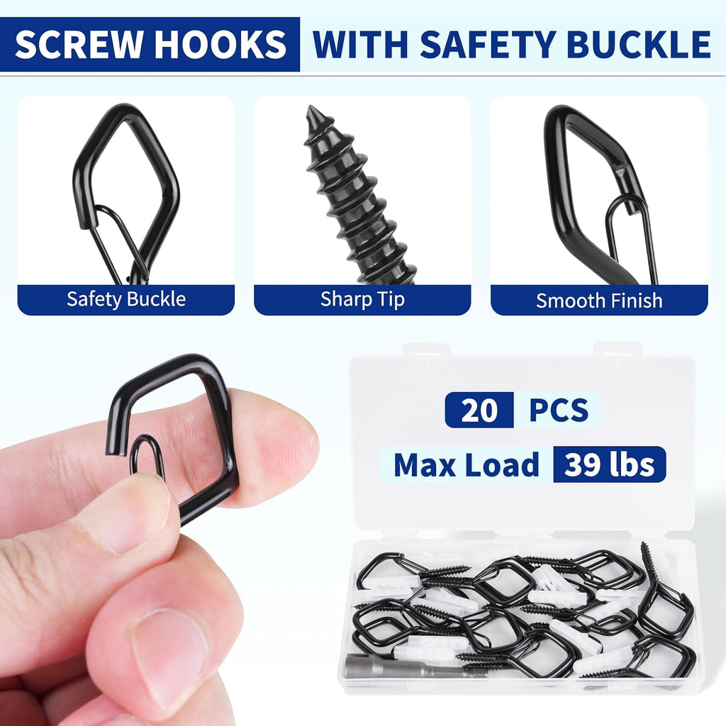 Q Hanger Hooks, 2.2 Inch Metal Screw Hook with Buckle, Black, 20 Pcs