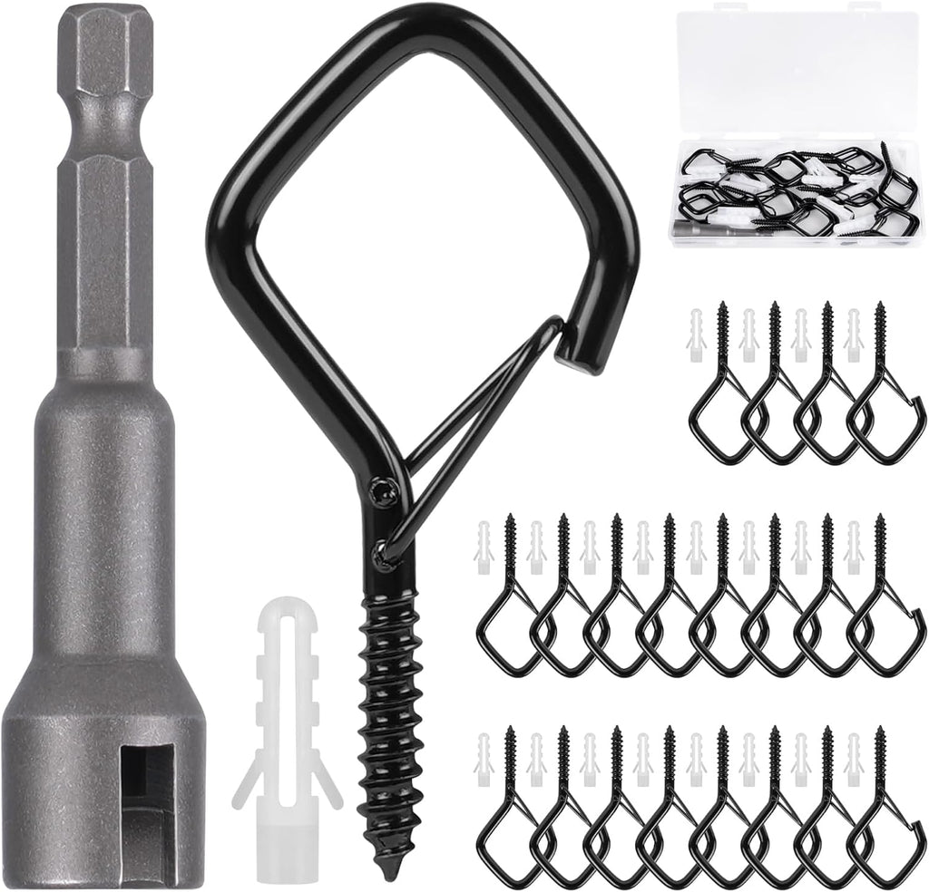 Q Hanger Hooks, 2.2 Inch Metal Screw Hook with Buckle, Black, 20 Pcs