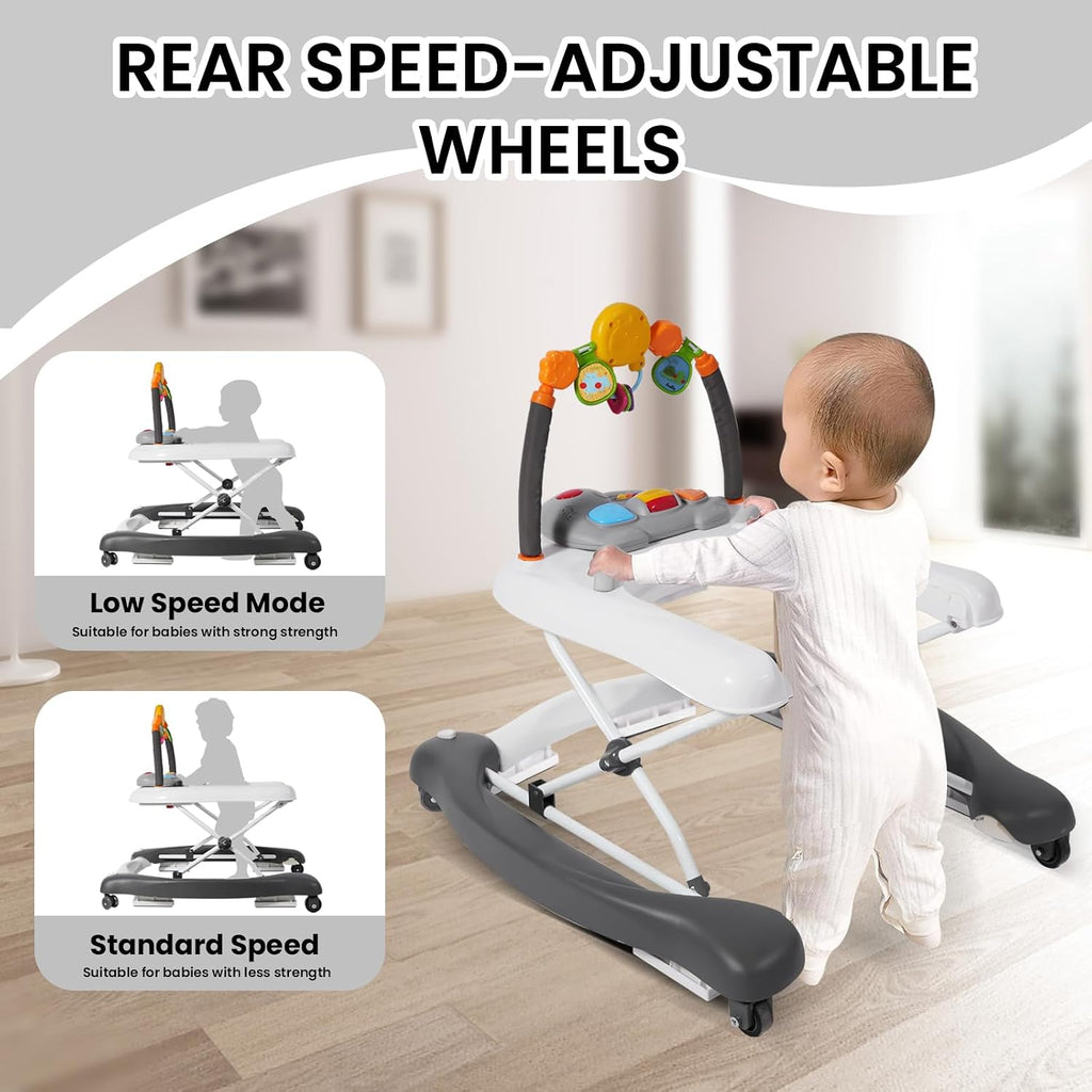 Baby Walker, 5-in-1 Baby Walkers for Boys and Girls 6-12 Months with Bouncer, Removable Footrest, Feeding Tray &