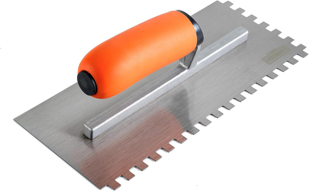 Squared Notch Tile and Flooring Trowel - 1/4” X 1/4” X 1/4” Pro Grade Stainless Steel Trowel - Ergonomic Rubber Grip