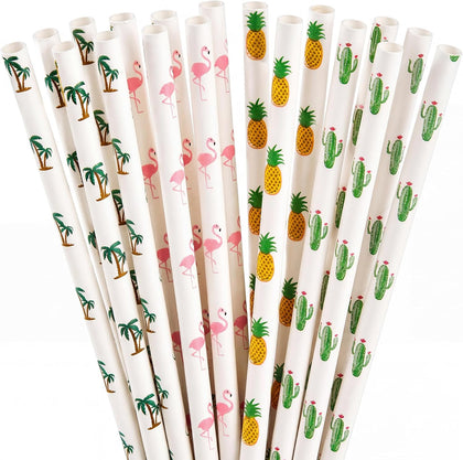 100 Pack Tropical Paper Straws - 7.75" Biodegradable Hawaii Party Straws with Flamingo, Pineapple, Cactus & Coconut