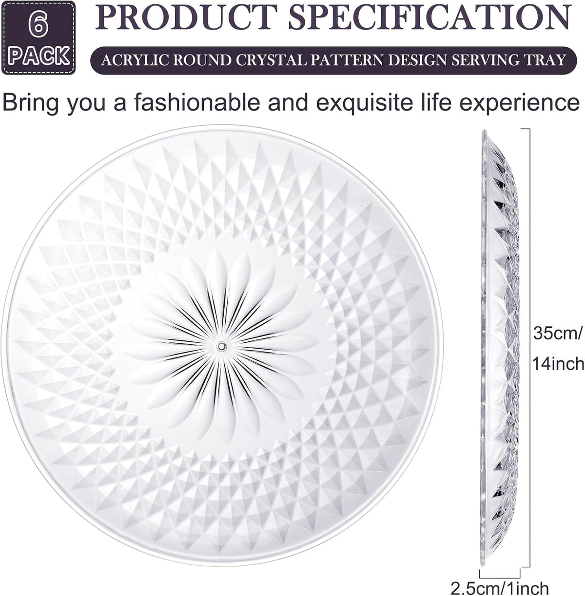 6 Pcs Round Plastic Serving Trays 14 Inch, Clear Party Platters