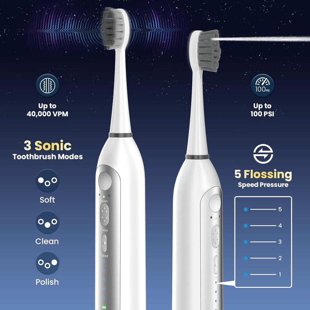 Electric Toothbrush with Water Flosser Combo, 3-in-1 Sonic Flossing Electric Toothbrush for Travel & Home, 330ml