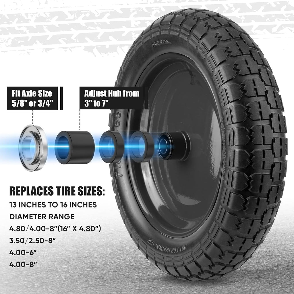 4.80/4.00-8 Tire, 14.5" Flat Free Wheelbarrow Tire and Wheel, Solid Replacement Tires with 3" Centered Hub, 5/8" 3/4"