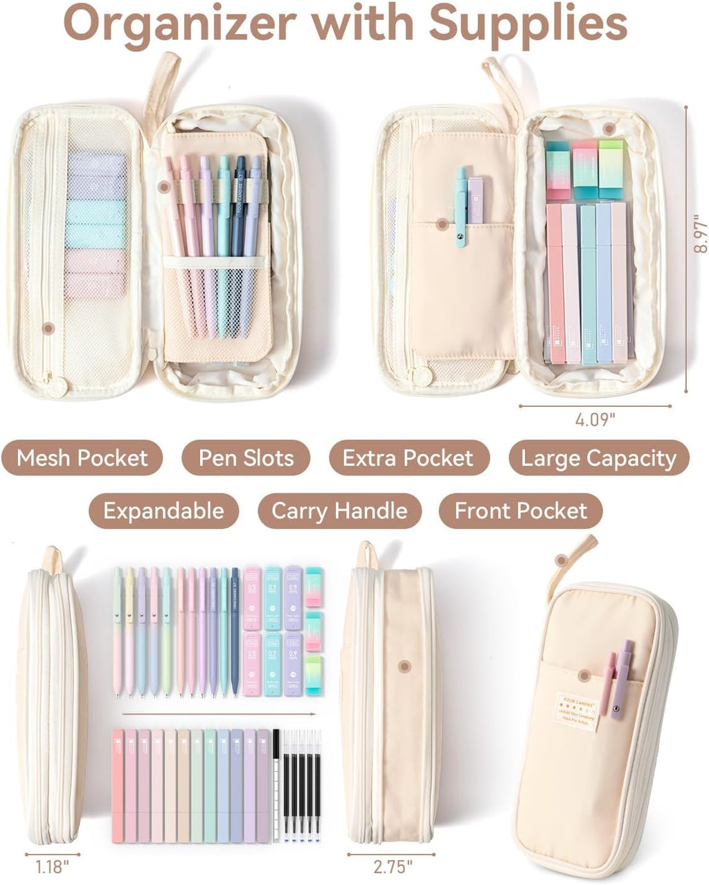 School Supplies with Cute Pen Case, 39ct, Cream | Back to School Stationery Set, Essentials for College & Nursing