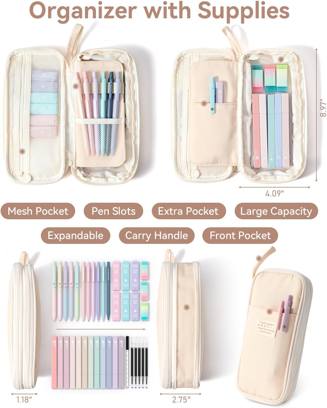 School Supplies with Cute Pen Case, 39ct, Cream | Back to School Stationery Set, Essentials for College & Nursing