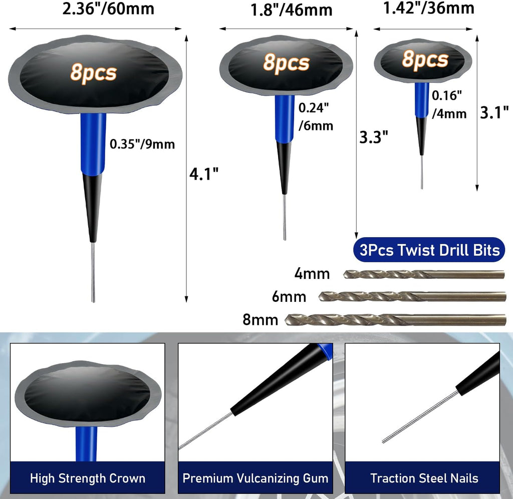 Tire Repair Patch Tool Kit Including 24pcs Tire Patch Plugs, Tungsten Buffing Wheel, Tire Patch Roller with 4mm Twist