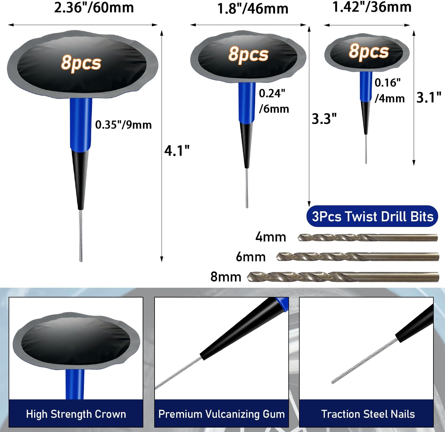 Tire Repair Patch Tool Kit Including 24pcs Tire Patch Plugs, Tungsten Buffing Wheel, Tire Patch Roller with 4mm Twist