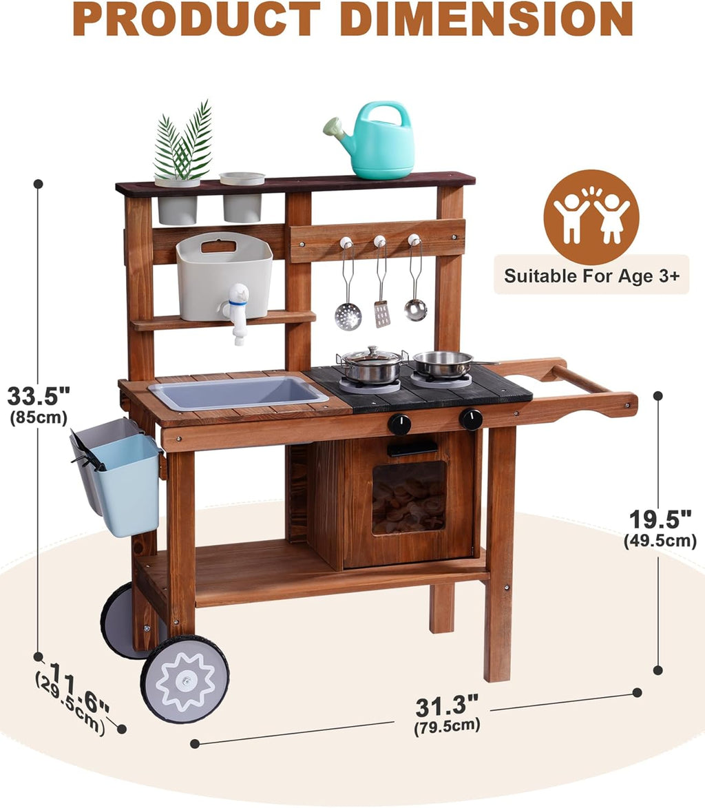 Mud Kitchen for Kids Outdoor with Wheels, Fun Wooden Kid Kitchen Playset for Backyard Pretend Cooking, Outdoor Sink &