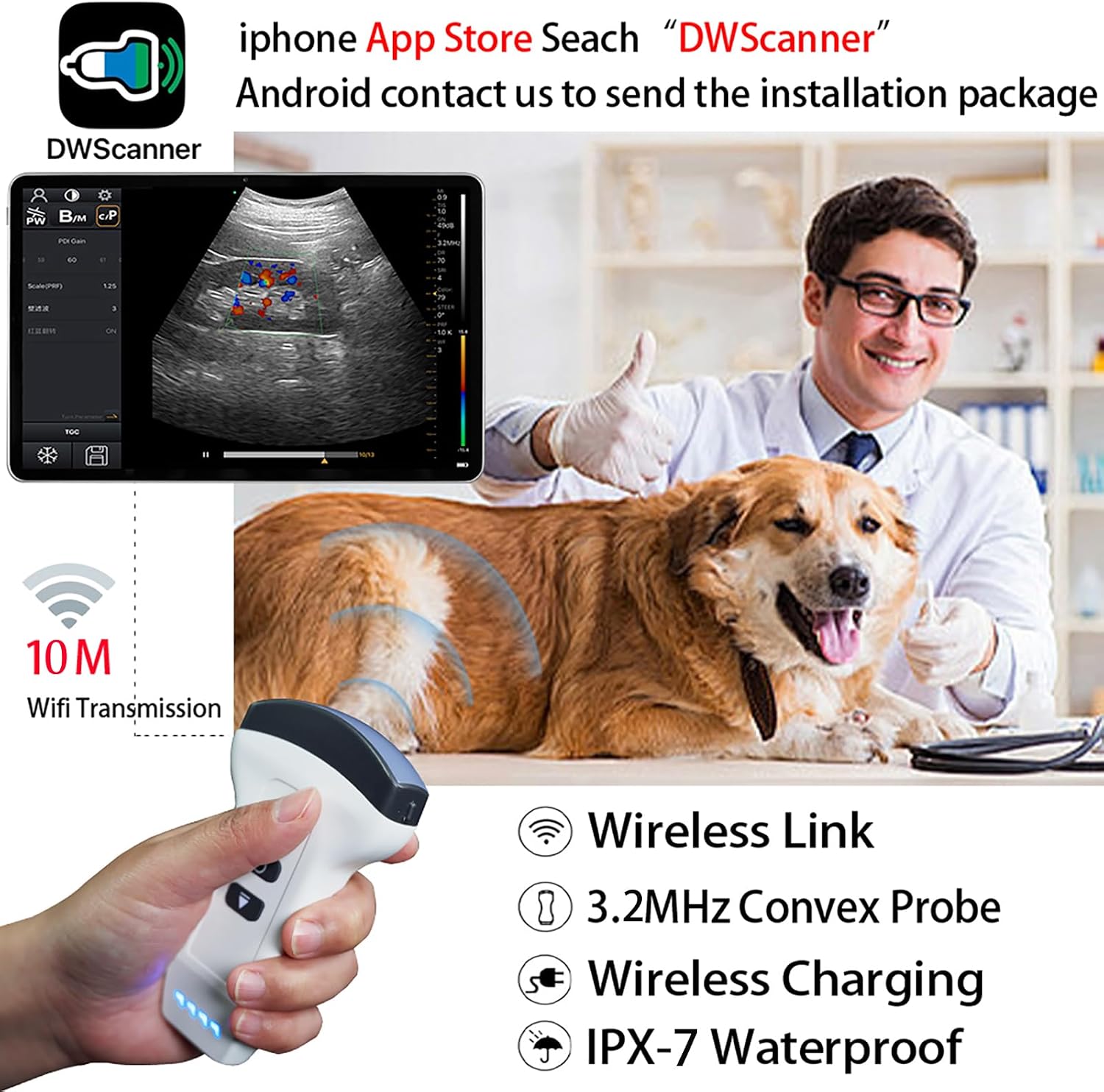 Convex Probe Veterinary Color Doppler Ultrasound Machine, Wireless Handheld Scanner for Pregnancy & Organ Exam in Dog