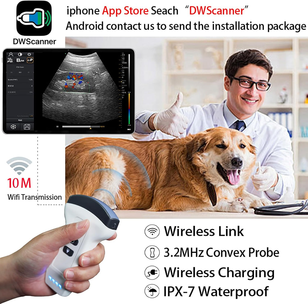 Convex Probe Veterinary Color Doppler Ultrasound Machine, Wireless Handheld Scanner for Pregnancy & Organ Exam in Dog