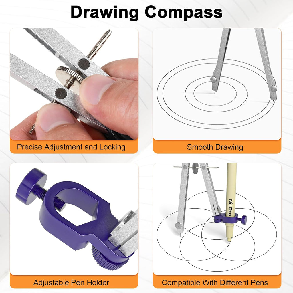 20PCS Professional Geometry Set Drafting Tool Protractor Compass | With Case, Metal Rulers, Triangles, Pens, Pencils