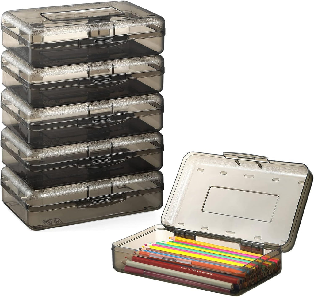 6 Pack Pencil Box, Hard Pencil Boxes for School Supplies Bulk | Large Plastic Pencil Case with Lid, Clear Pencil