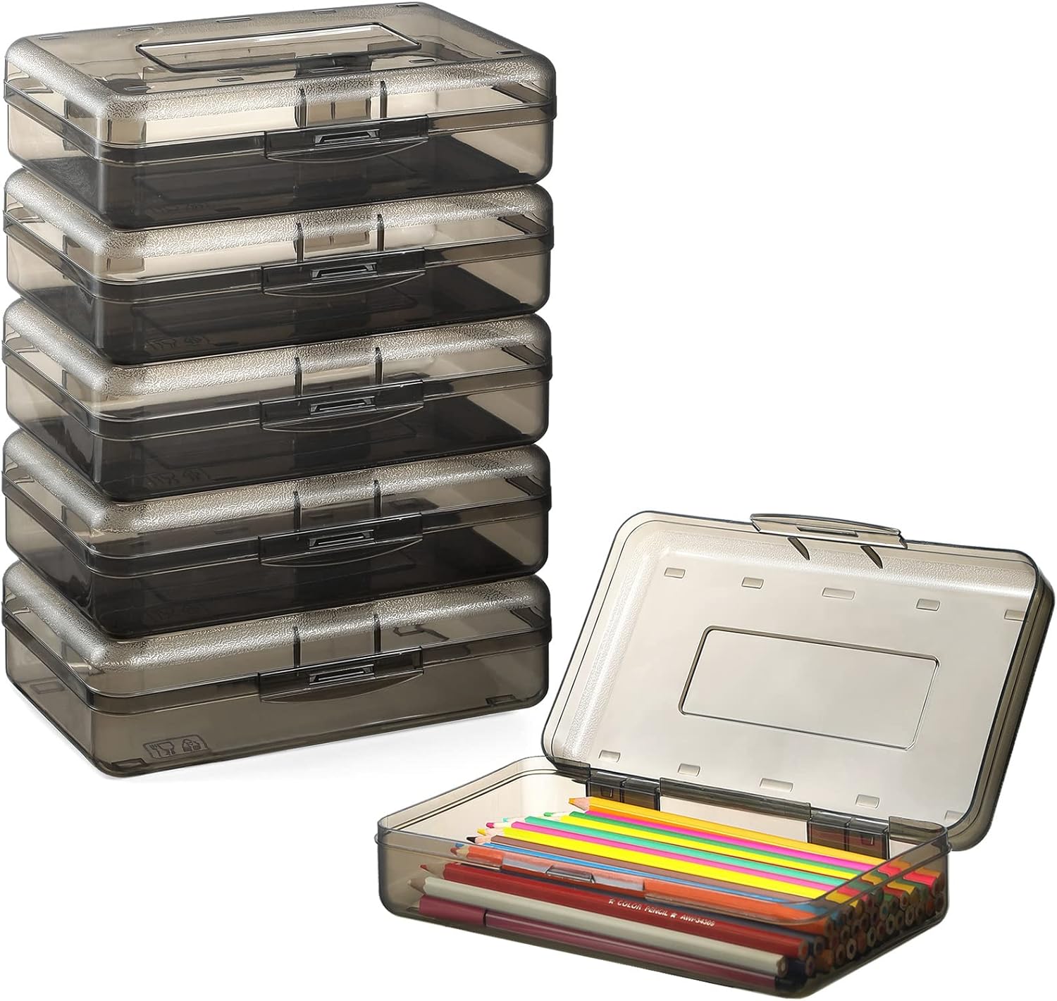 6 Pack Pencil Box, Hard Pencil Boxes for School Supplies Bulk | Large Plastic Pencil Case with Lid, Clear Pencil