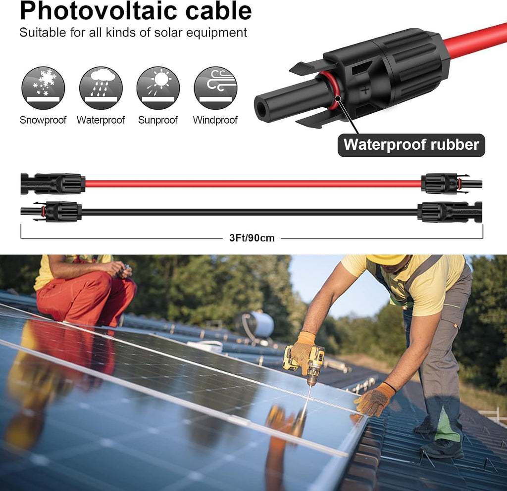 3 Feet 10AWG (6mm²) Solar Extension Cable, 1500V DC PV Wire | Tinned Copper PV Wire, 1500V DC, TUV-Certified, UV
