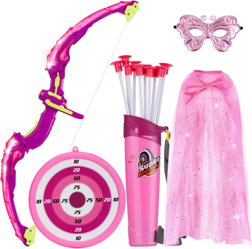 Bow and Arrow for Kids 3-8 Years Old | LED Light Up Archery Set with Princess Cape and Butterfly Mask, 10 Suction Cup