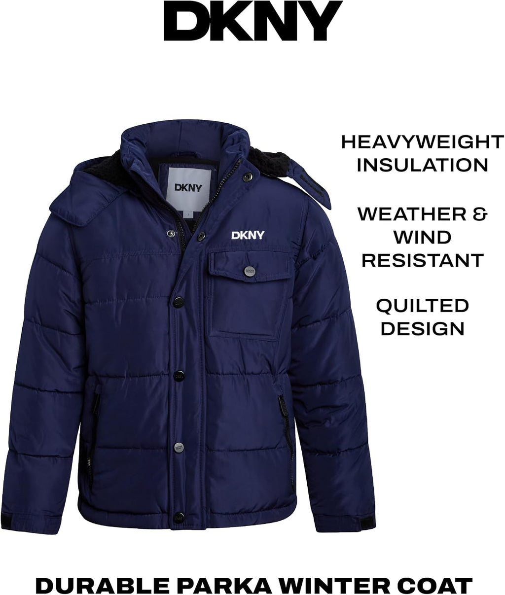 DKNY Boys Winter Jacket, Puffer Jacket, Polar Fleece Lined Sherpa Hood Coat | Weather Resistant, Heavyweight
