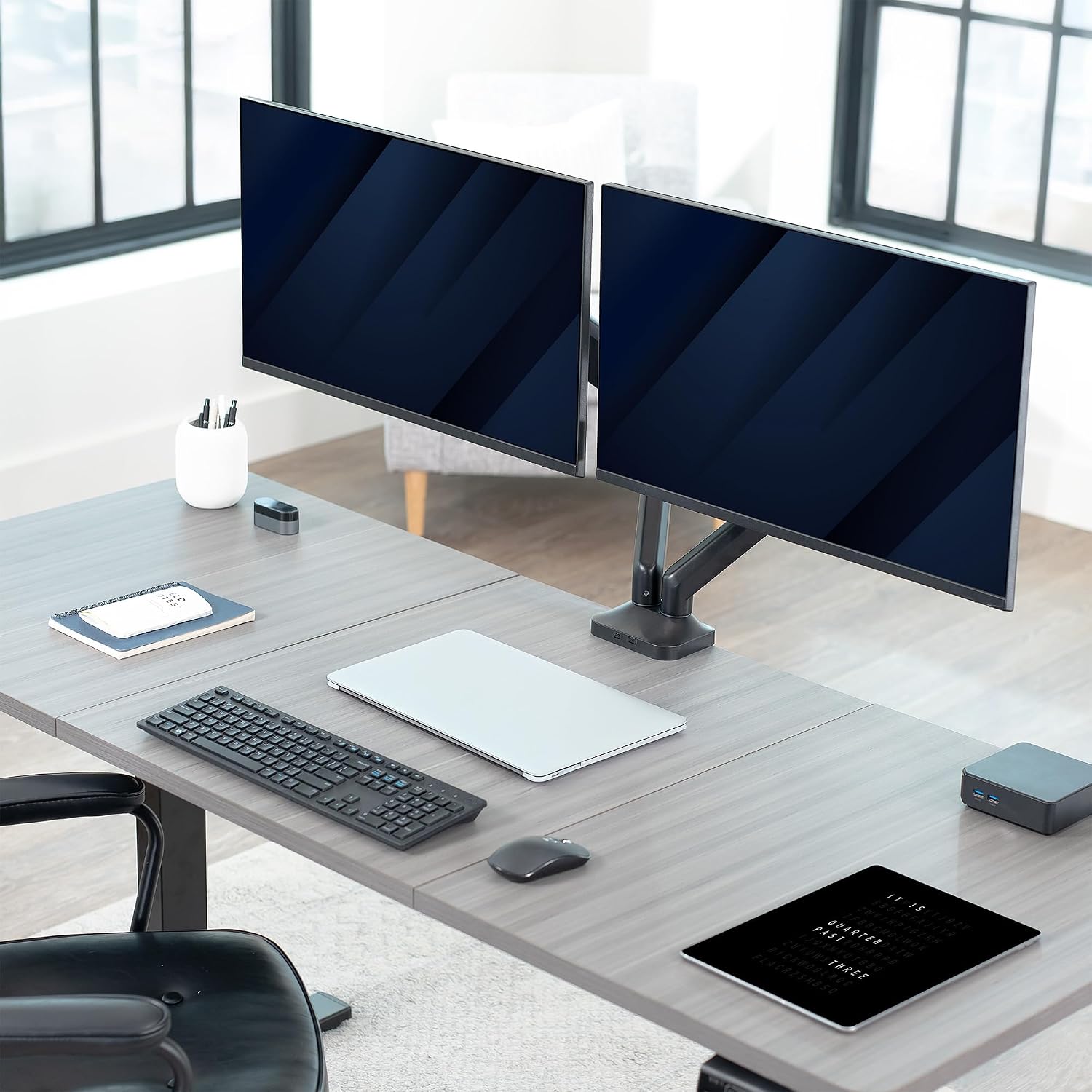 Dual Pneumatic Arm Ultra-Wide Monitor Mount for up to 35 inch Screens, Holds 26.4 lbs per Arm, Desk Mount Monitor