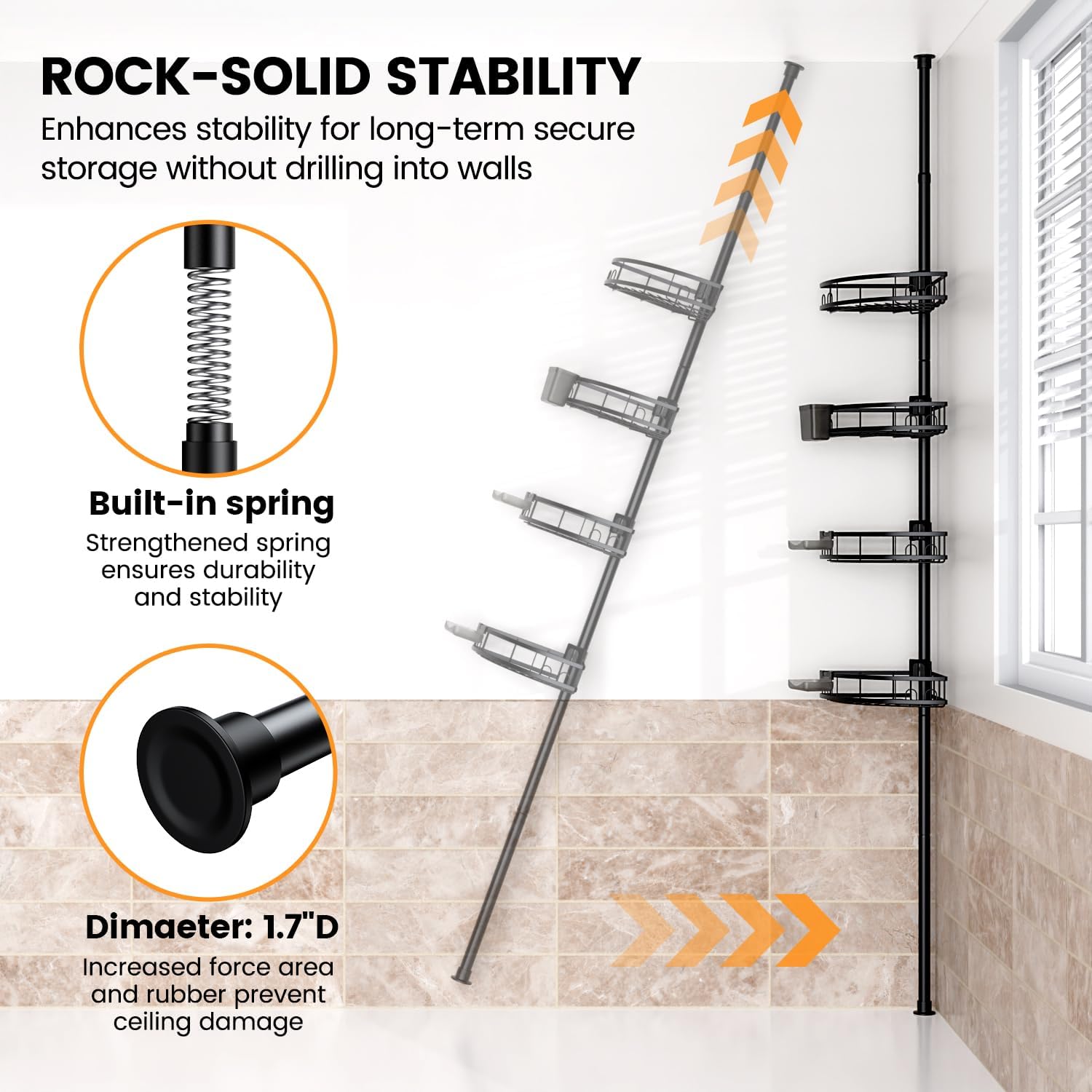 Adjustable Tension Pole Shower Caddy: Rustproof Corner Bathroom Organizer | 4-Tier 31-124" No Drill Standing Shelves