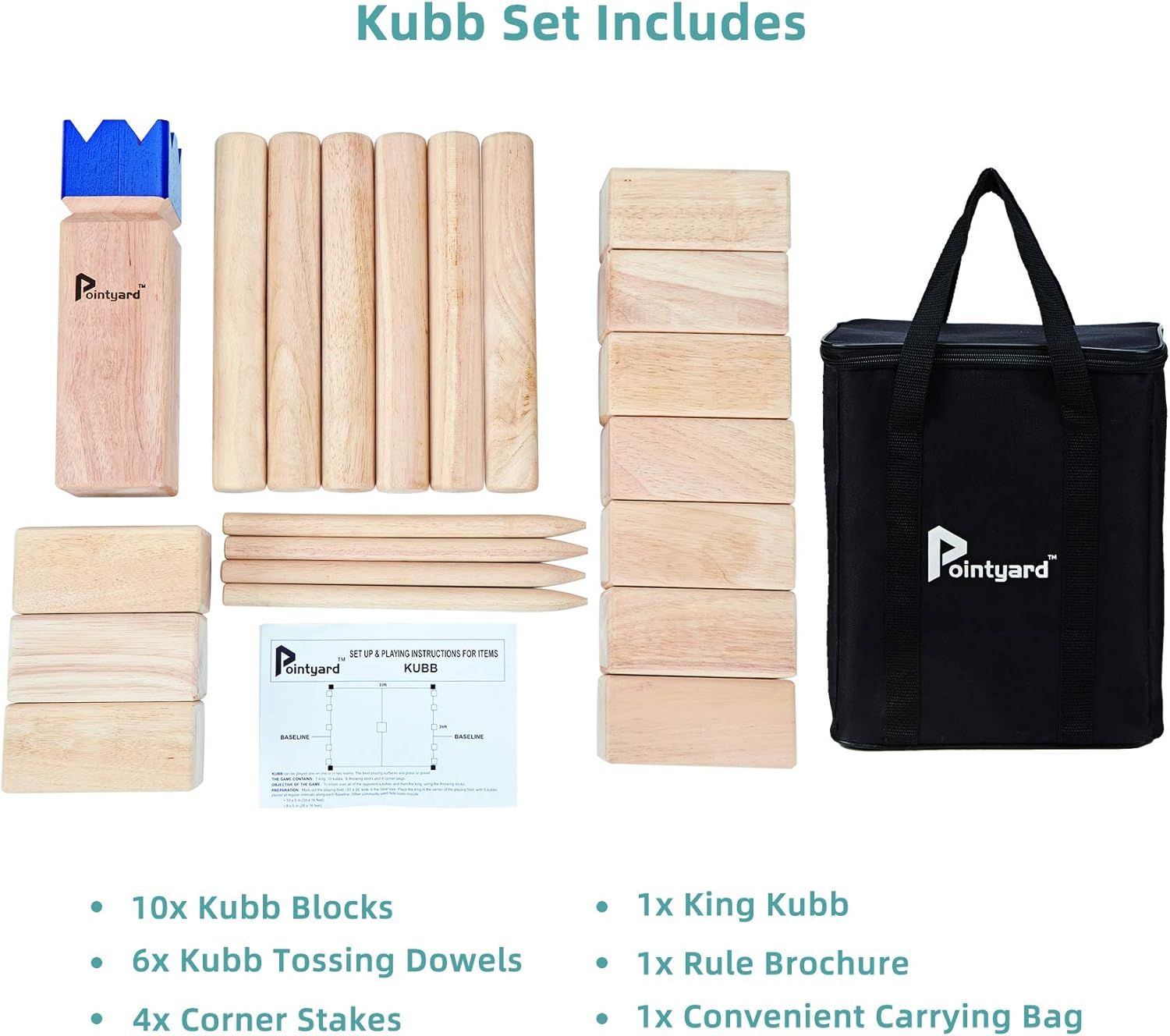 Kubb Yard Game Set Viking Chess Outdoor Hevea Hardwood Toss Game for Adults & Families - with 10 Blocks, 6 Batons