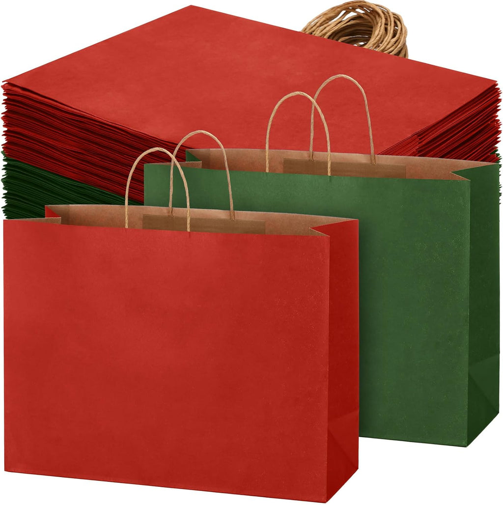 100 Pcs Christmas Gift Bags Red Green Kraft, 16 x 12 x 6 Inch