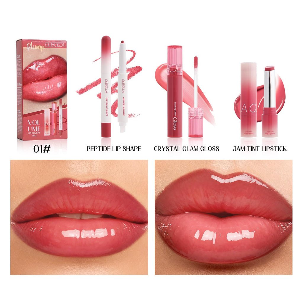 3PCS Glossy Lip Combo Set – Shade with Plumping Gloss, Hydrating Melting Balm & Smooth Lip Liner for Fuller, Defined