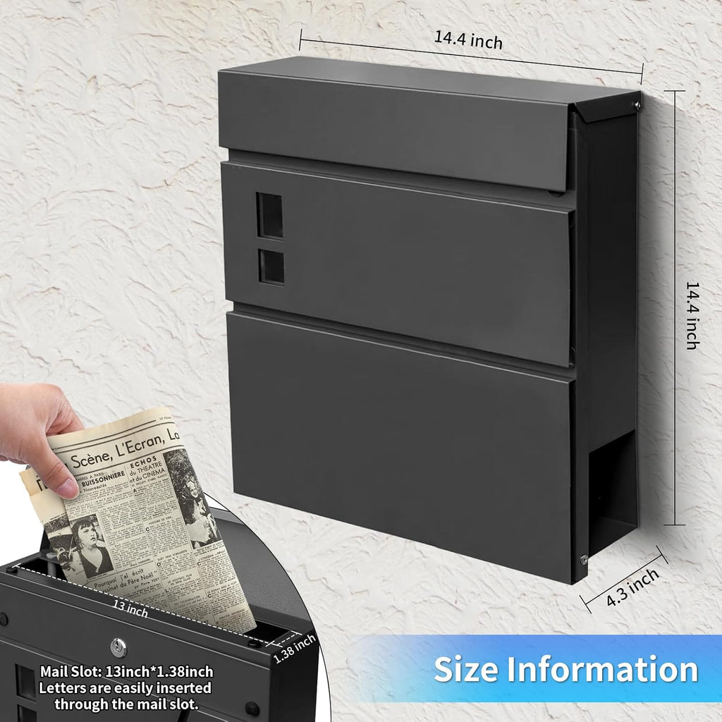 Wall Mount Mailboxes, Locking Modern Drop Mailbox for Outside, Large Capacity Galvanized Steel Post Box with
