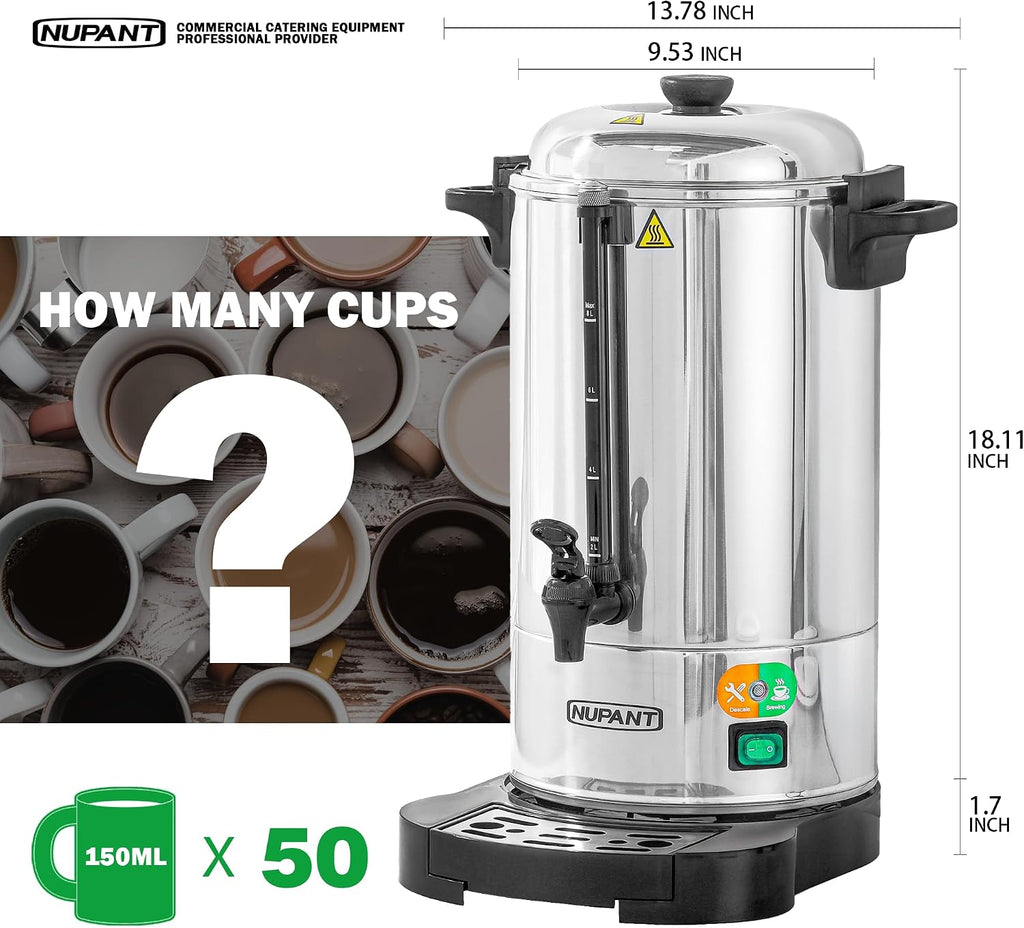 Commercial Coffee Urn 50 Cup/8L Coffee Dispenser with Upgraded Percolator, Double Wall 304 Stainless Steel Hot Water