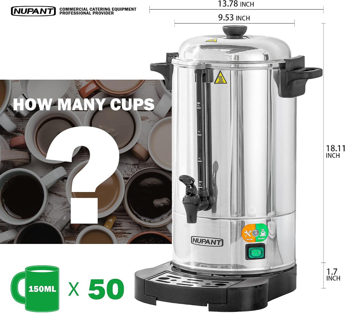 Commercial Coffee Urn 50 Cup/8L Coffee Dispenser with Upgraded Percolator, Double Wall 304 Stainless Steel Hot Water