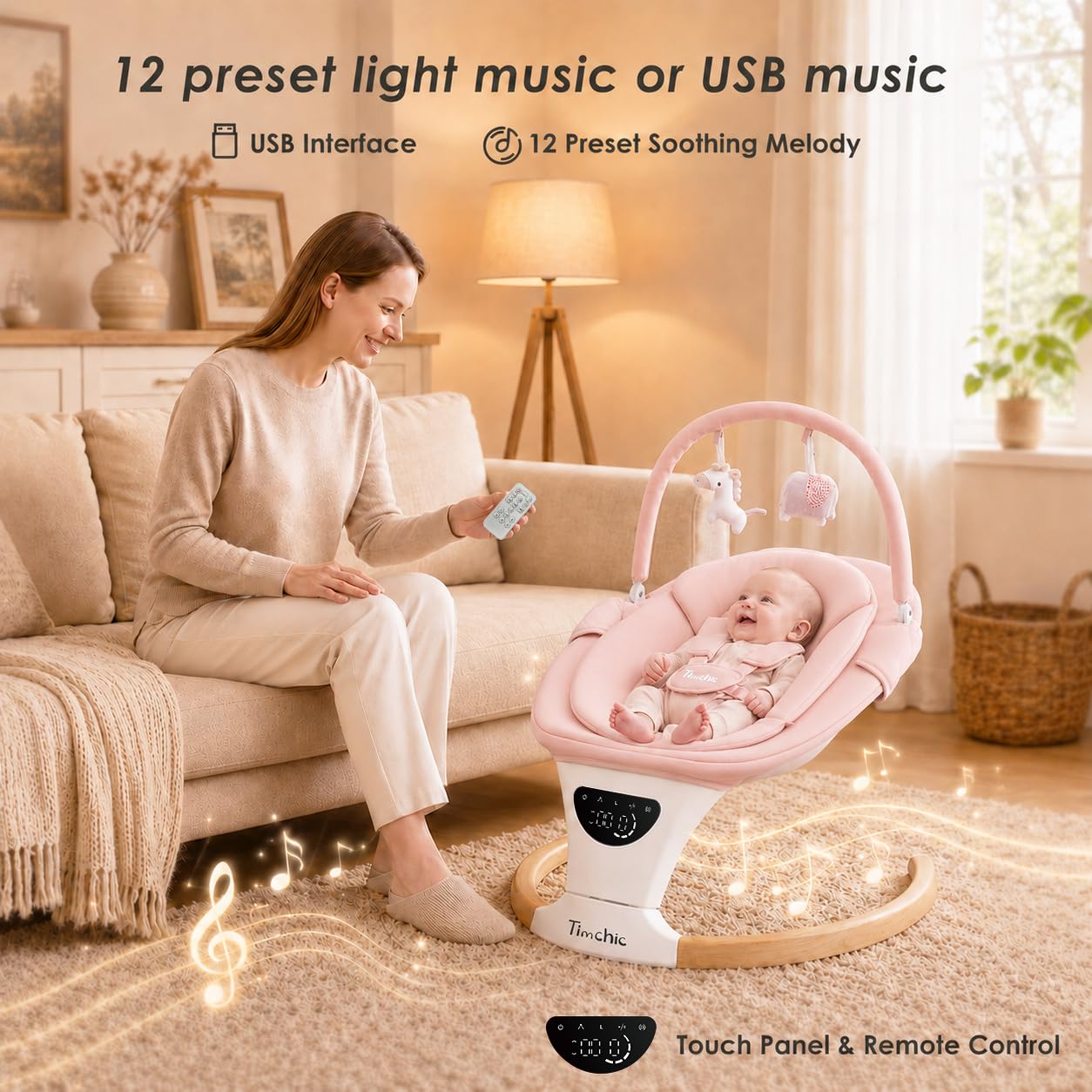 Baby Swing for Infants, Portable Electric Swing with Auto-Rocking Detection, 5 Speeds, 3 Heights, Remote Control, for