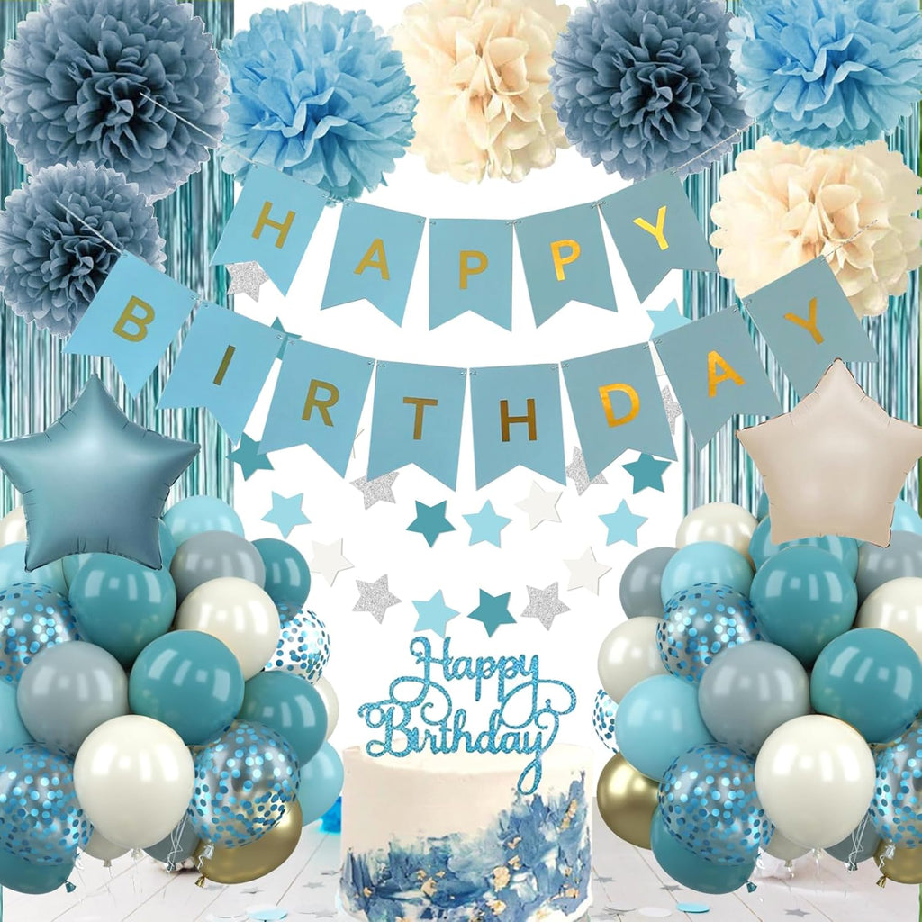 Blue Birthday Decorations - Blue Party Decor Balloons with Happy Birthday Banner Fringe Curtain Background Blue Pom