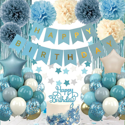 Blue Birthday Decorations - Blue Party Decor Balloons with Happy Birthday Banner Fringe Curtain Background Blue Pom